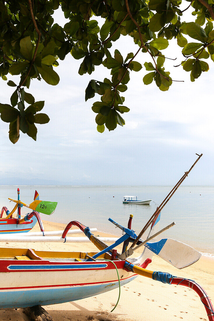 Colorful traditional fishing boats at beach, Sanur, Denpasar, Bali, Indonesia