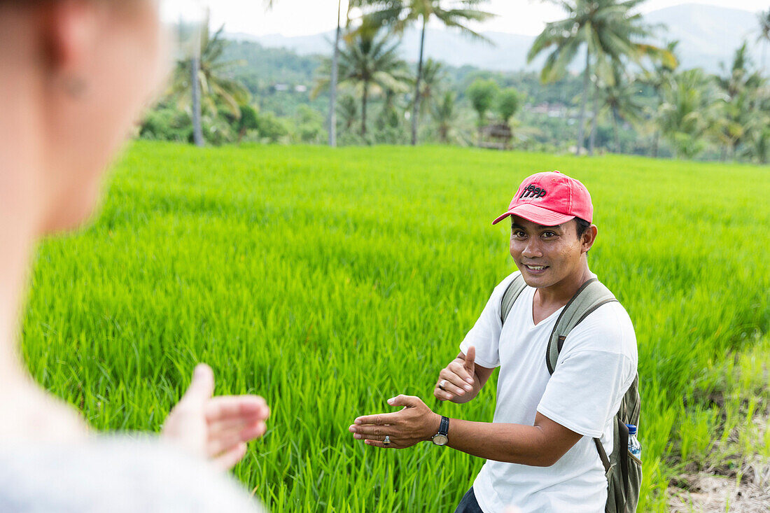 Reiseführer bei einer Reisfeldwanderung, Mayong, Seririt, Buleleng, Indonesien