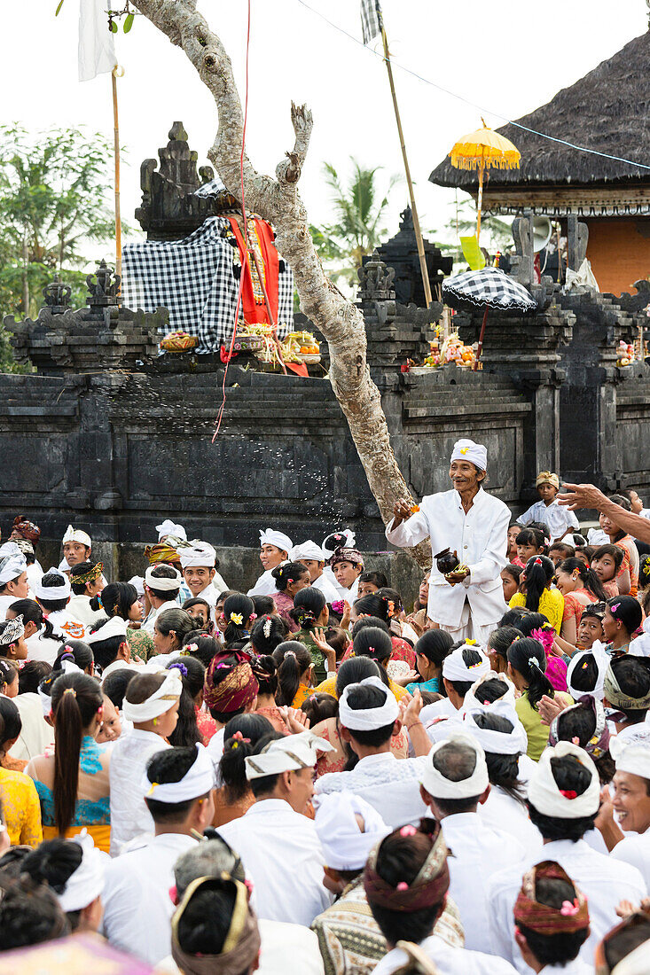 Dorfbewohner in festlicher Kleidung auf einem Odalan Tempelfest, Iseh, Sidemen, Karangasem, Bali, Indonesien