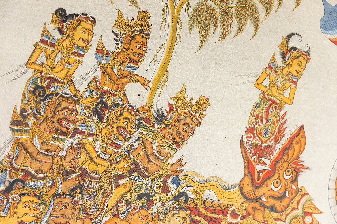 Deckenmalerei im Kertha Gosa Pavilion, Palast von Klungkung, Taman Gili, Semarapura, Klungkung, Bali, Indonesien
