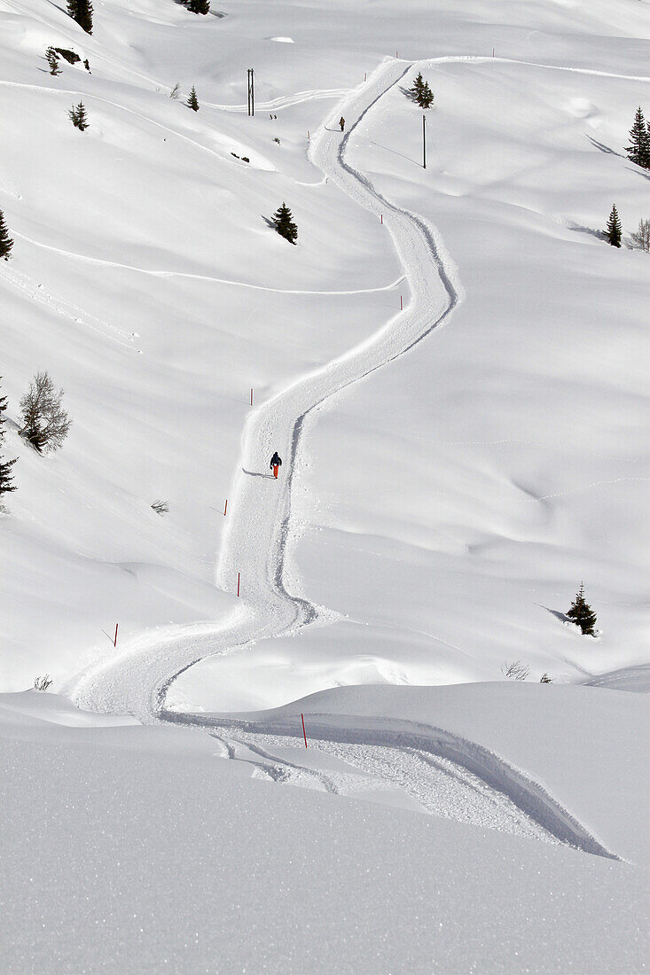 Curved snow path over hills