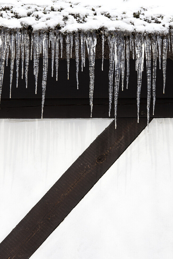 Snow and a row of icicles hanging from the eaves of a building
