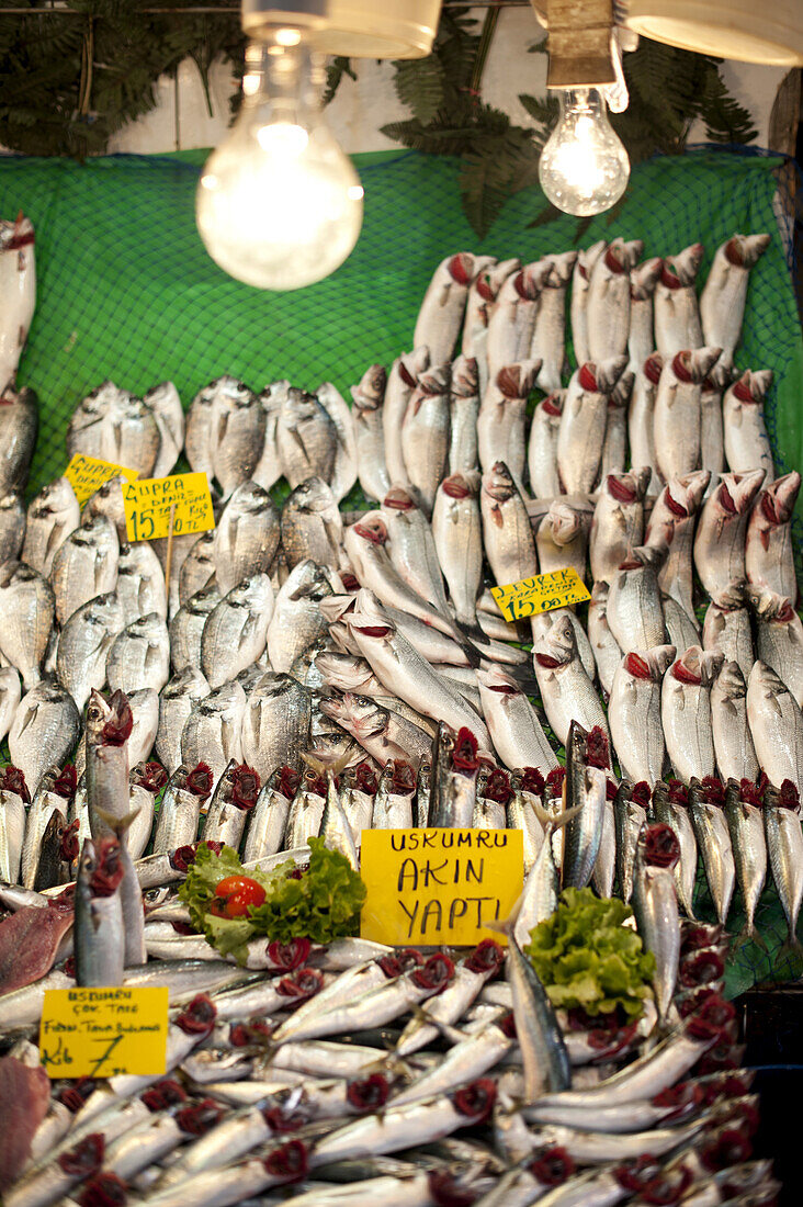 Sardines for sale at a fish market in Istanbul, Turkey