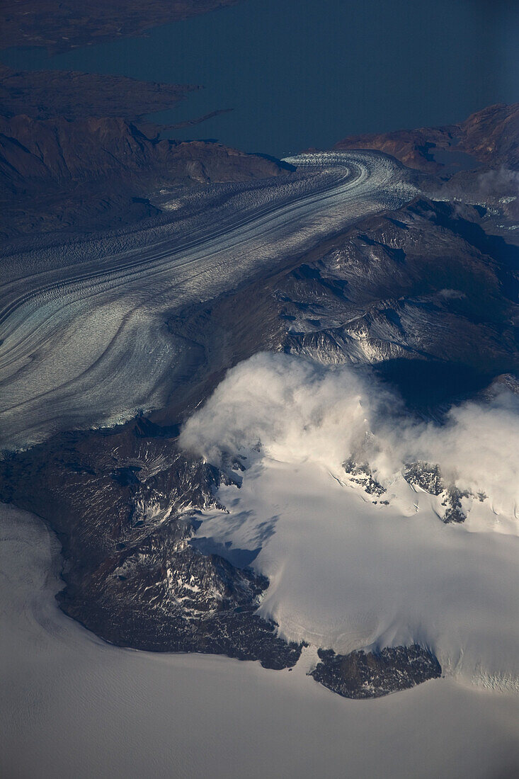 Aerial view of lakes, glaciers and mountains, Torres del Paine National Park, Chile