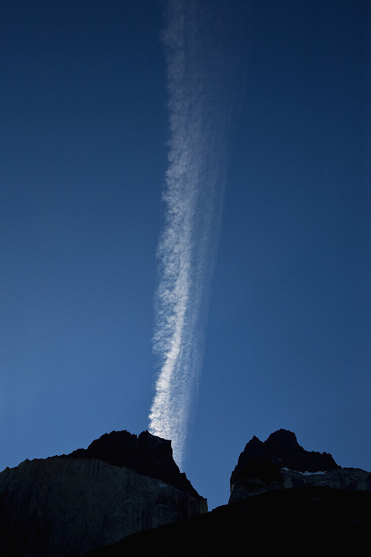 Detail of mountains in silhouette and clouds in the sky, Torres del Paine National Park, Chile