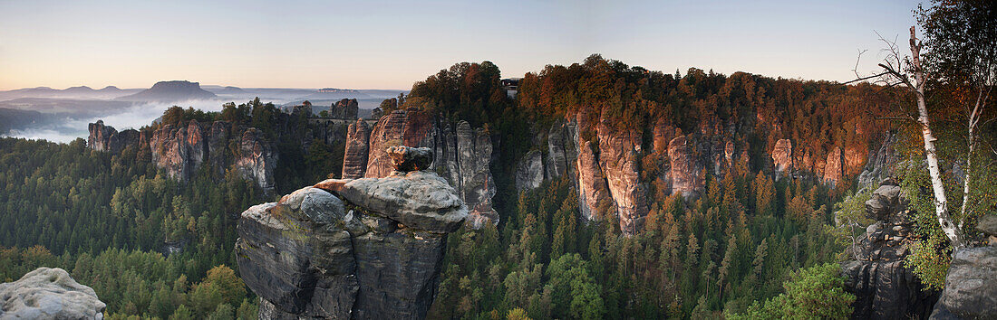 Morning shot of the Bastei, Elbe Sandstone Mountains, Saxon Switzerland, Germany