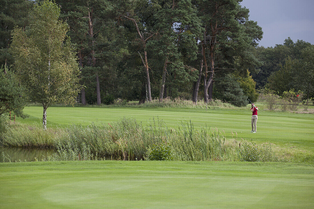 A female golfer teeing off in the distance