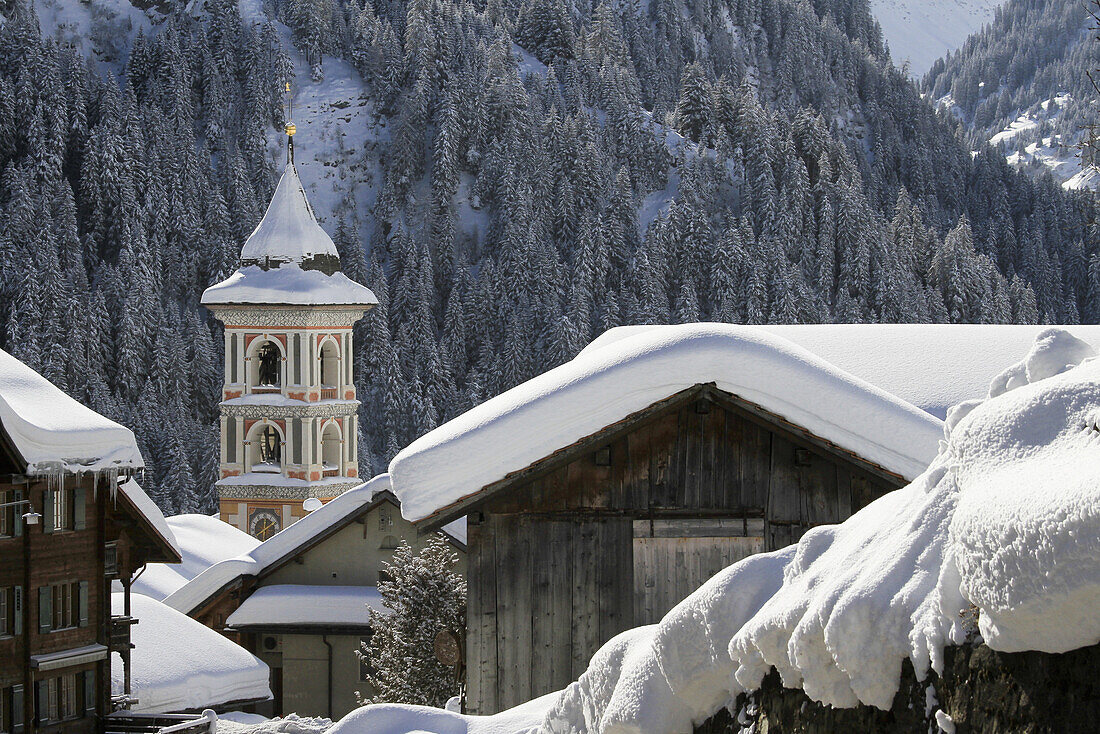 Snow-capped village with mountain forest in the background