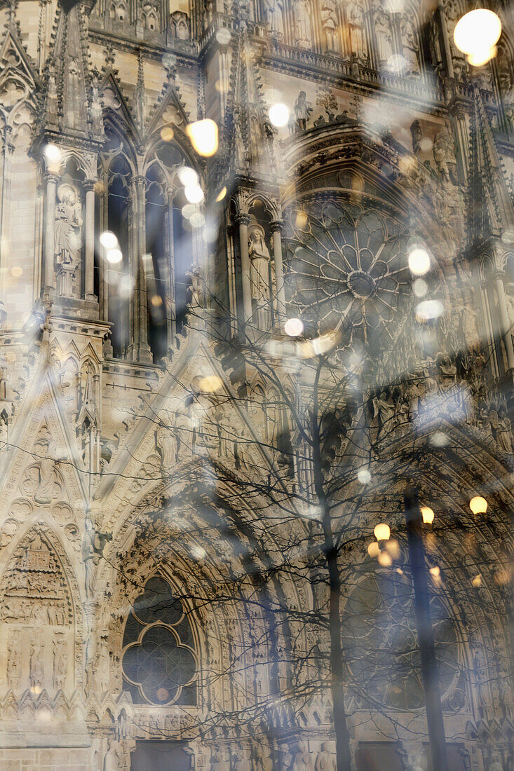 Detail of a cathedral and reflections in glass, Notre-Dame de Reims, Reims, France