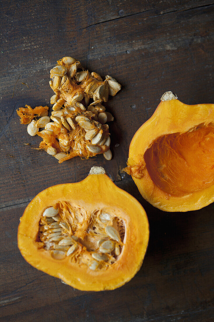 Directly above shot of kuri squash halves on table