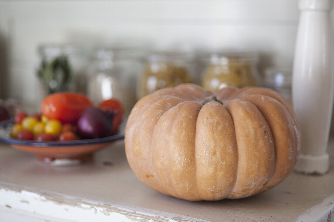 Close-up of pumpkin on kitchen counter