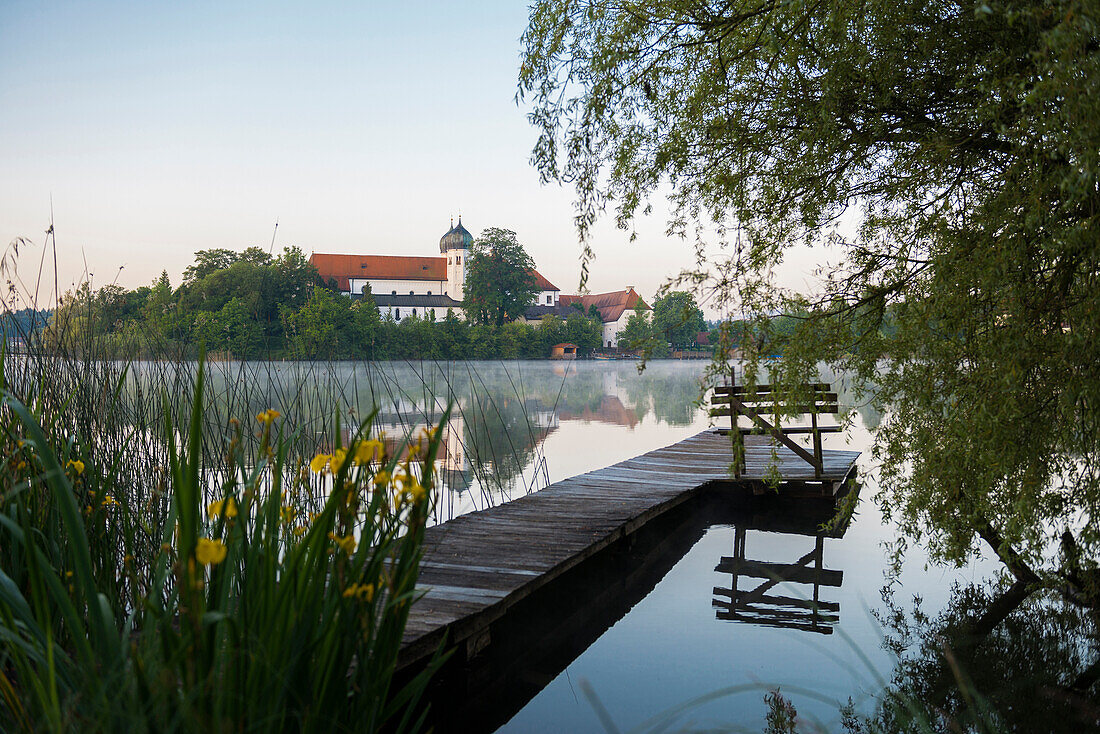 Seeon Monastery and Lake Seeon, Chiemgau, Upper Bavaria, Seeon-Seebruck, Bavaria, Germany