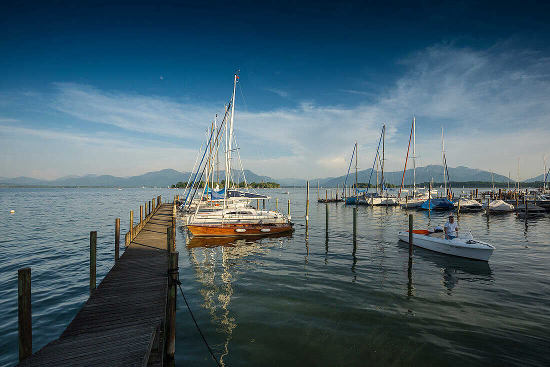 Abendstimmung bei Gstadt, Chiemsee, Chiemgau, Oberbayern, Bayern, Deutschland