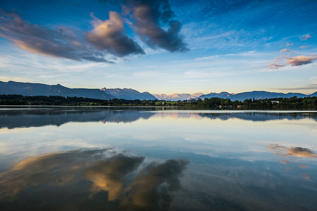 Reflection of the mountains in lake Riegsee, near Murnau, Upper Bavaria, Bavaria, Germany
