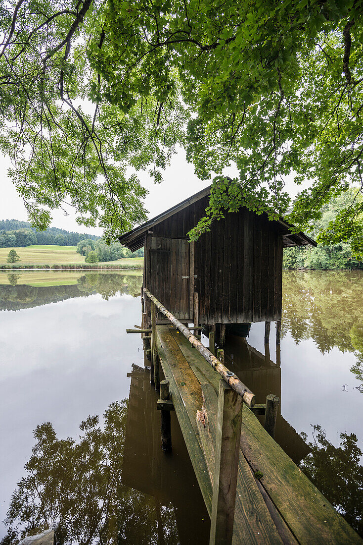 small lake with boat house near Bad Kohlgrub, Bavaria, Germany