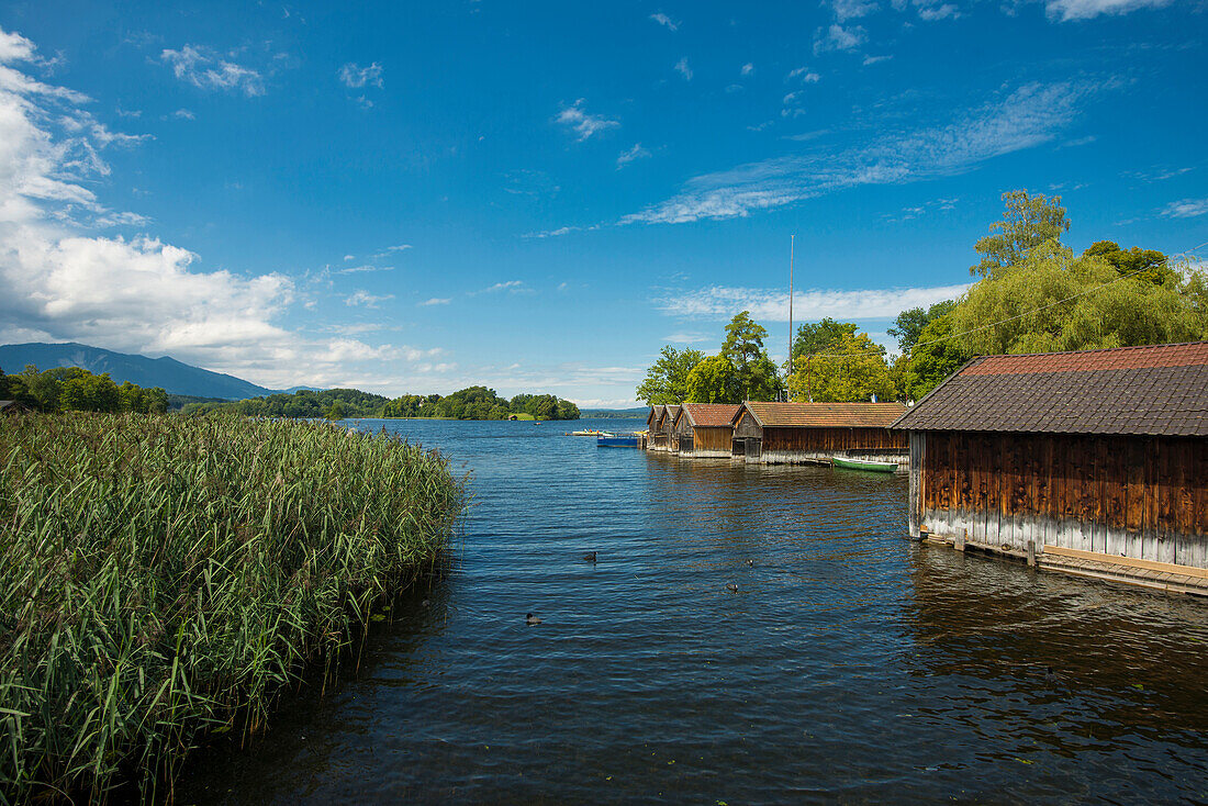 Boat houses at lake Staffelsee, Seehausen, near Murnau, Bavaria, Germany