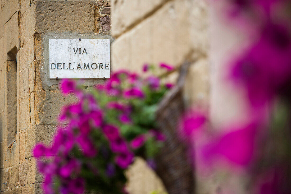 Road sign in Pienza, Val d`Orcia, province of Siena, Tuscany, Italy, UNESCO World Heritage