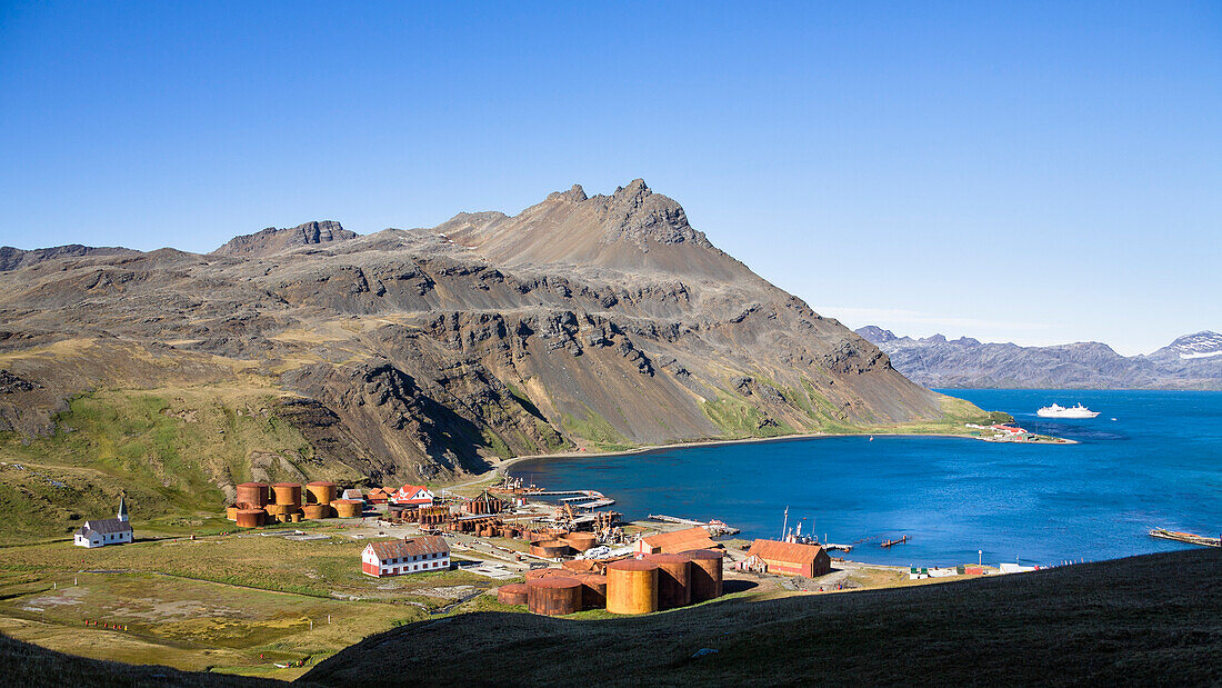 Former whaler station Grytviken, King Edward Cove, Cumberland East Bay, South Georgia, South Sandwich Islands, British overseas territory, Antarctic