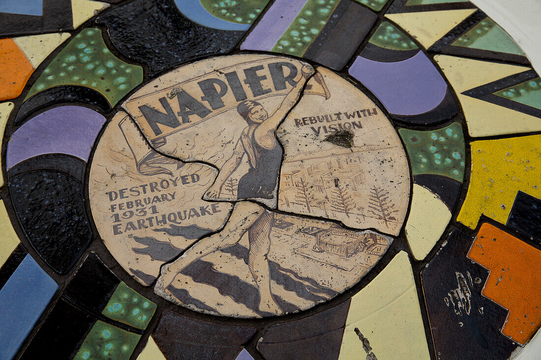 Art Deco design mosaic with Napier motif, Napier, Hawke's Bay, North Island, New Zealand