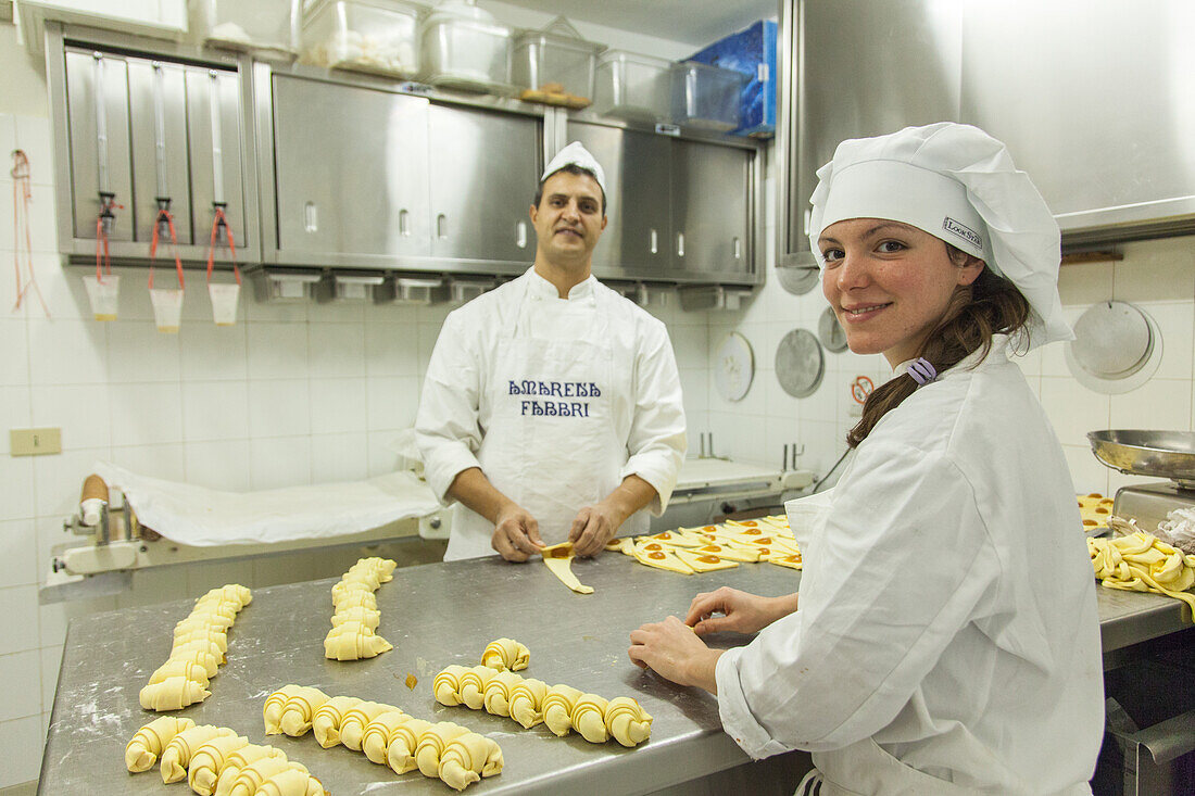 Daniele Crosara forms his pastry with apprentice, at the Pasticceria Martini, in Cannaregio, pastry, cake shop, Venice, Italy