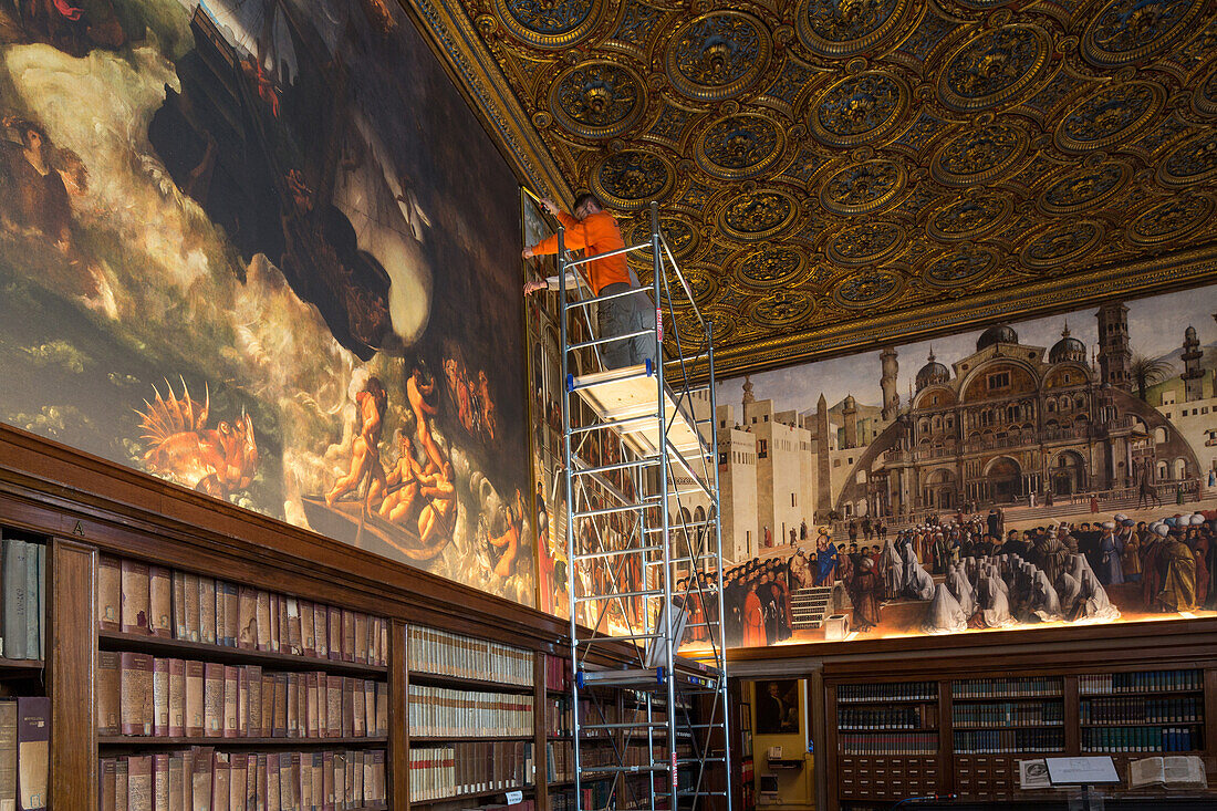 restoration work, scaffold, interior, historic medical library next to Sala San Marco, today the city hospital, Venice, Italy