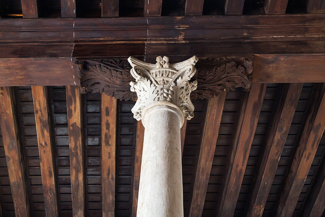column, timber ceiling interior of entrance hall Scuola Grande di San Marco, today the city hospital, Venice, Italy