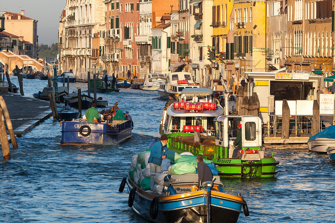rush hour, transport barges delivery boats, water transport, traffic, Canale Cannaregio, Venice, Italy