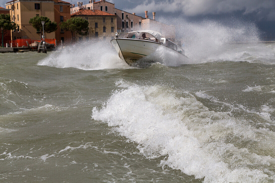 Water Taxi, motoscafi, rough water, waves, spray, Venice, Italy