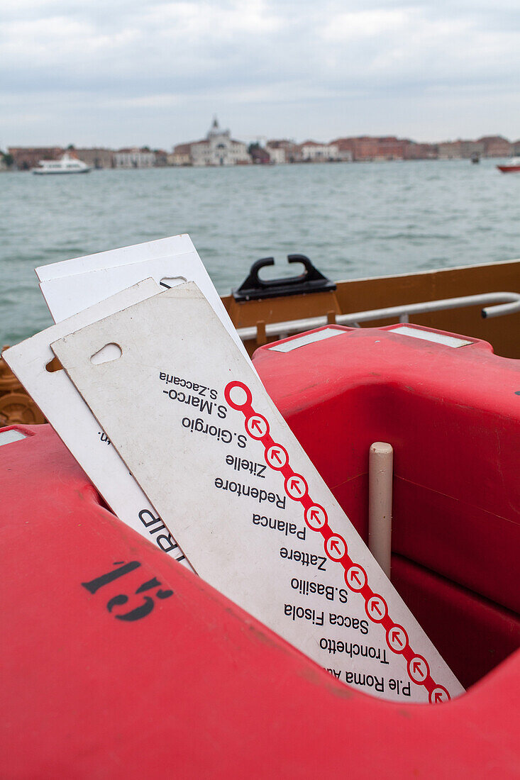 Vaporetto route signs, water bus, direction, stations, stops, Venice, lagoon, Italy