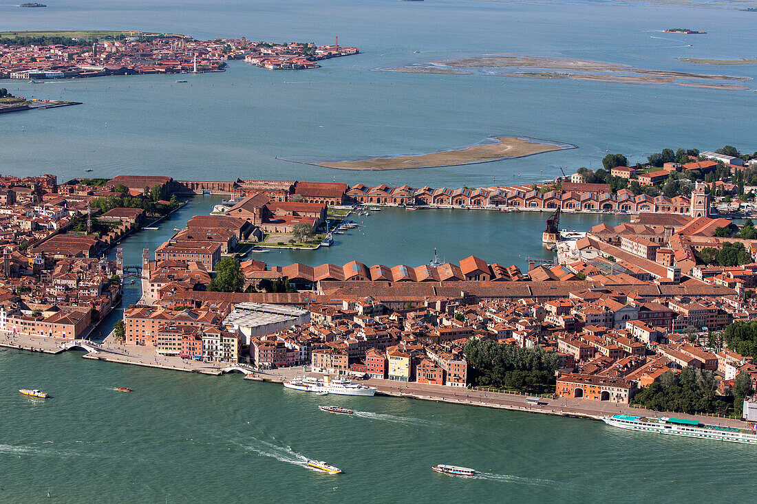 Aerial of the Venetian Arsenal, historic military industrial shipbuilding quarter of Venice, Lagoon, Venice, Italy