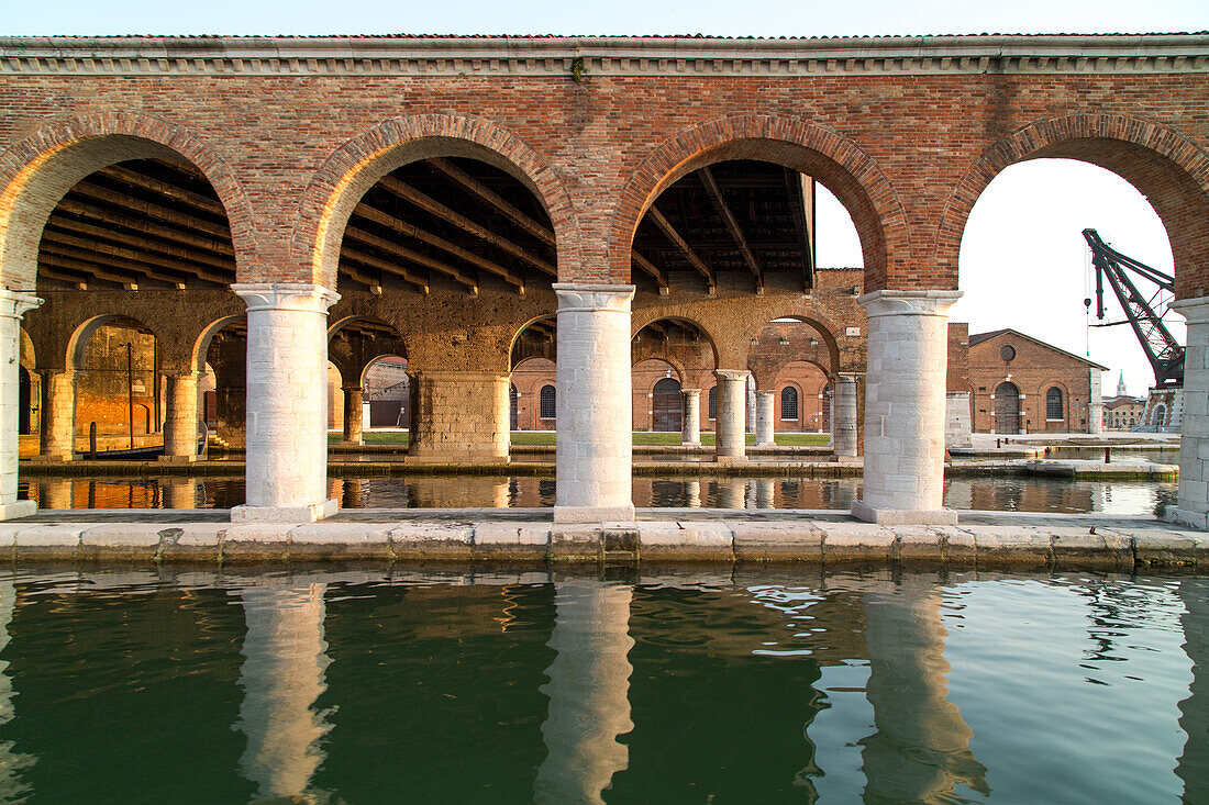 colonnades, Venetian Arsenal, historic, military, industrial shipbuilding quarter of Venice, docks, Lagoon, Venice, Italy