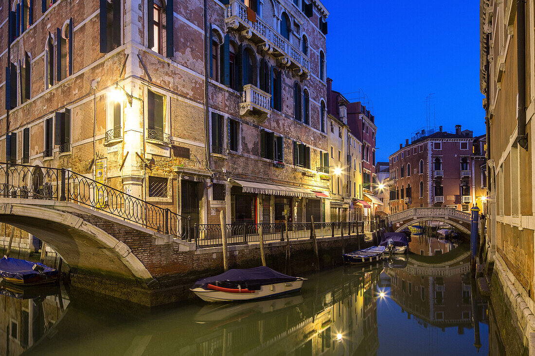 twilight, view from bridge, down the canal, Fondamenta dei Frari, reflections, boat, evening, tranquil, quiet, empty, Venice, Italy