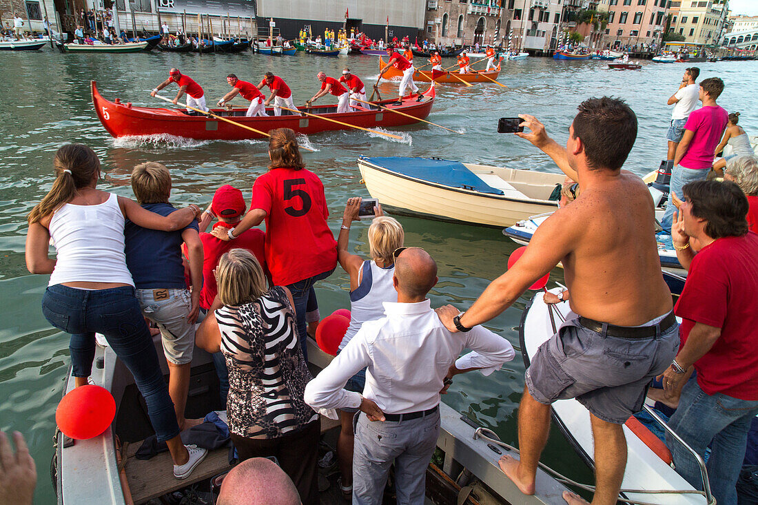 Boat race at the Regata Storica, historical water pageant, reconstruction, colourful regatta, rowers, Grand Canal, crowd, audience, Venice, Italy