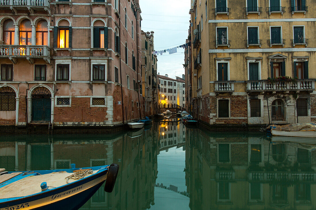 reflections, bridge, historic, boats, night, lights, canal water, green, walls, houses, palazzi, decay, Cannaregio, Venice, Italy