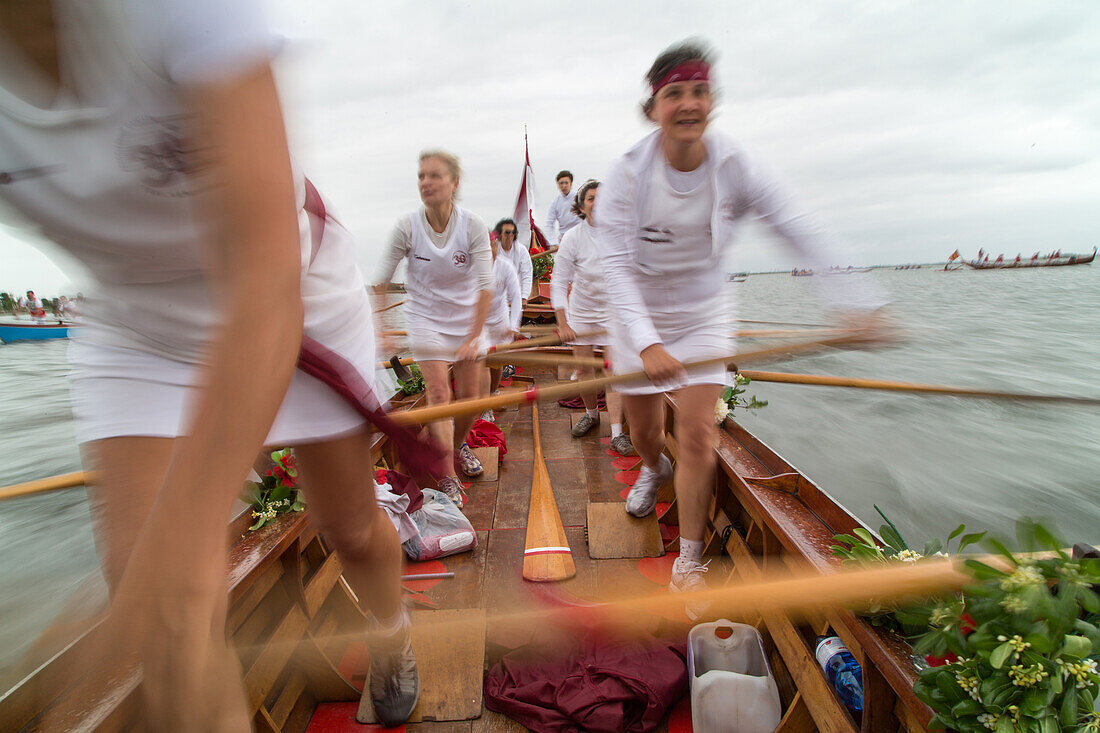 Vogalonga, view from traditional rowing boat, womens rowing club, rowing sport, movement, motorboat free day, festival, Venice, Veneto, Italy