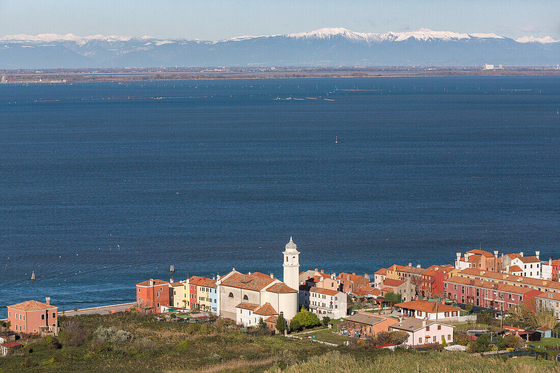 aerial, Fishing village, Malamocco, on the Lido, background snowy alps, Venice, Italy