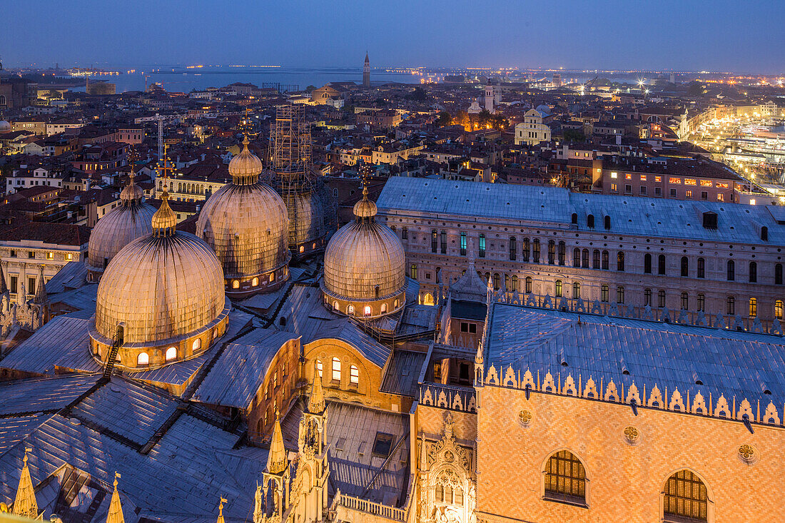 Night shot from campanile above the domes of Baslica San Marco, St Mark's, Venice, Italy