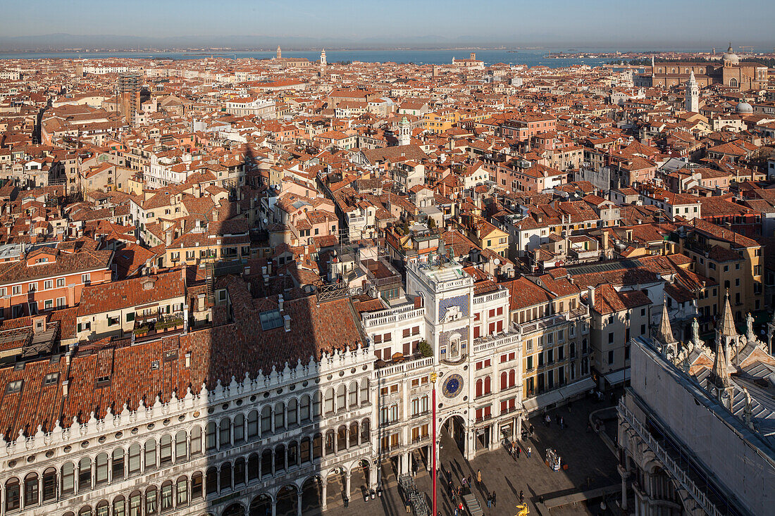 daytime view from campanile above San Marco, St Mark's Square, shadow across St Mark's Square, San Marco, roofs of Venice, Italy