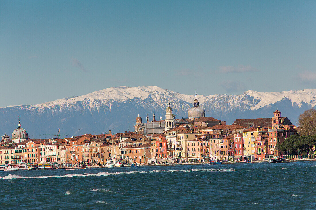 Canal waterfront Riva degli Schavioni, Giardini, panorama, Skyline, snow mountains, Alps, Dolomites, lagoon, panorama, Venice, Italy