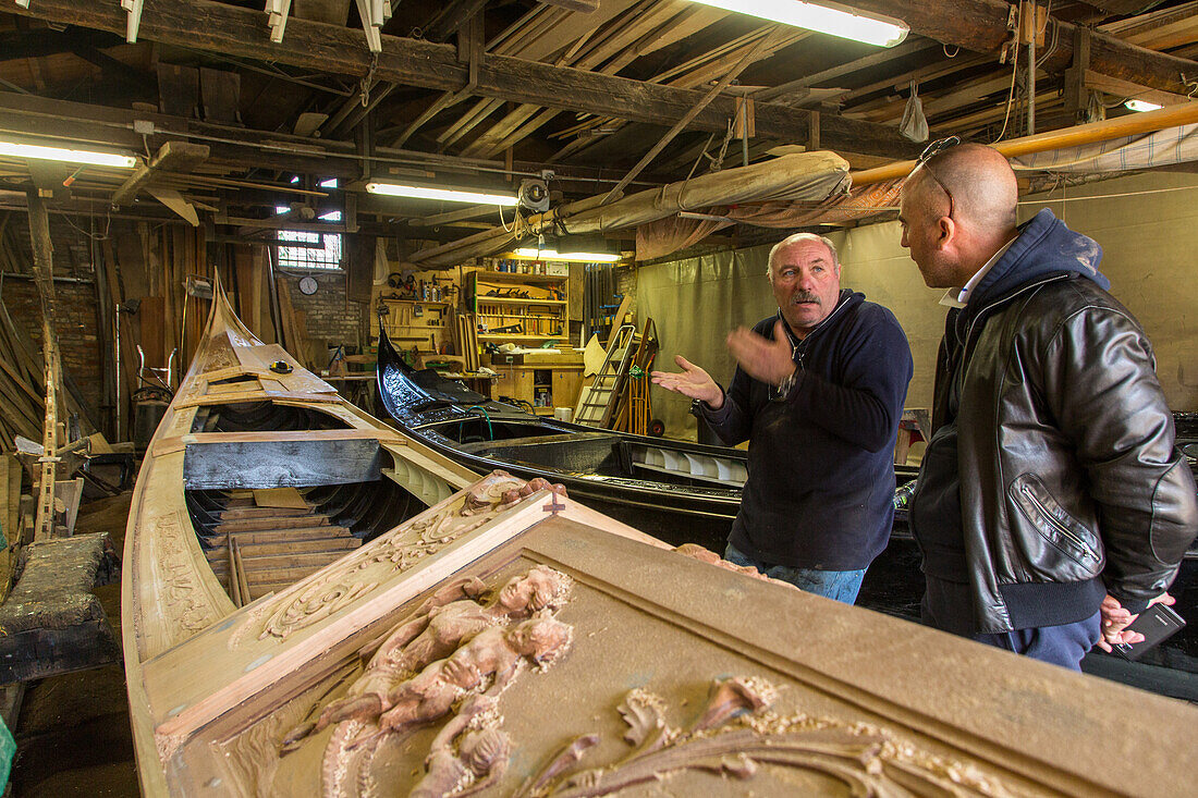 Roberto Tramontin, traditional gondola boat builder, timber ribs, construction, decorative carving, Venice, Veneto, Italy