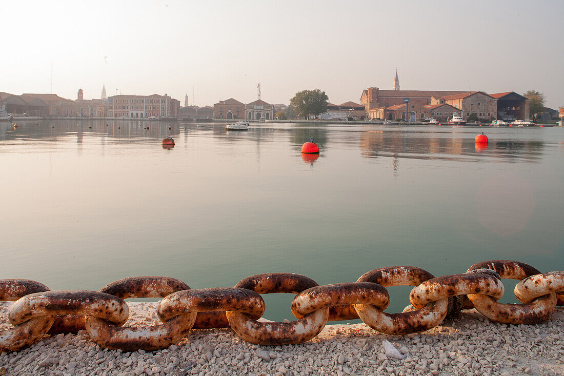 rusted chain, waterfront, harbour, Arsenale, lagoon, Venice, maritime, Italy
