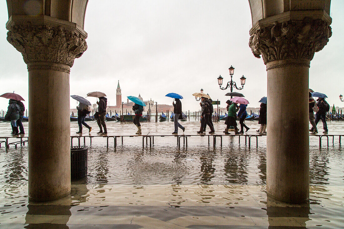 Tourists with umbrellas and plastic covered shoes, rubber boots, walk on passarelle walkways during Acqua alta near Doge's Palace, St Mark's Square, San Marco, high water caused by Sirocco wind and full moon, rain in Venice, Italy