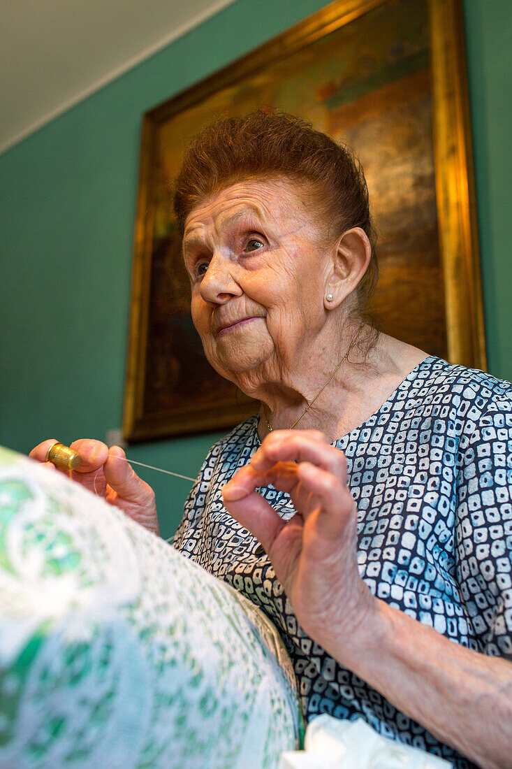 Emma Vidal, 98 years old teacher and maker of fine Burano lace, embroidery, hancraft, traditional, Island of Burano, Venice, Italy