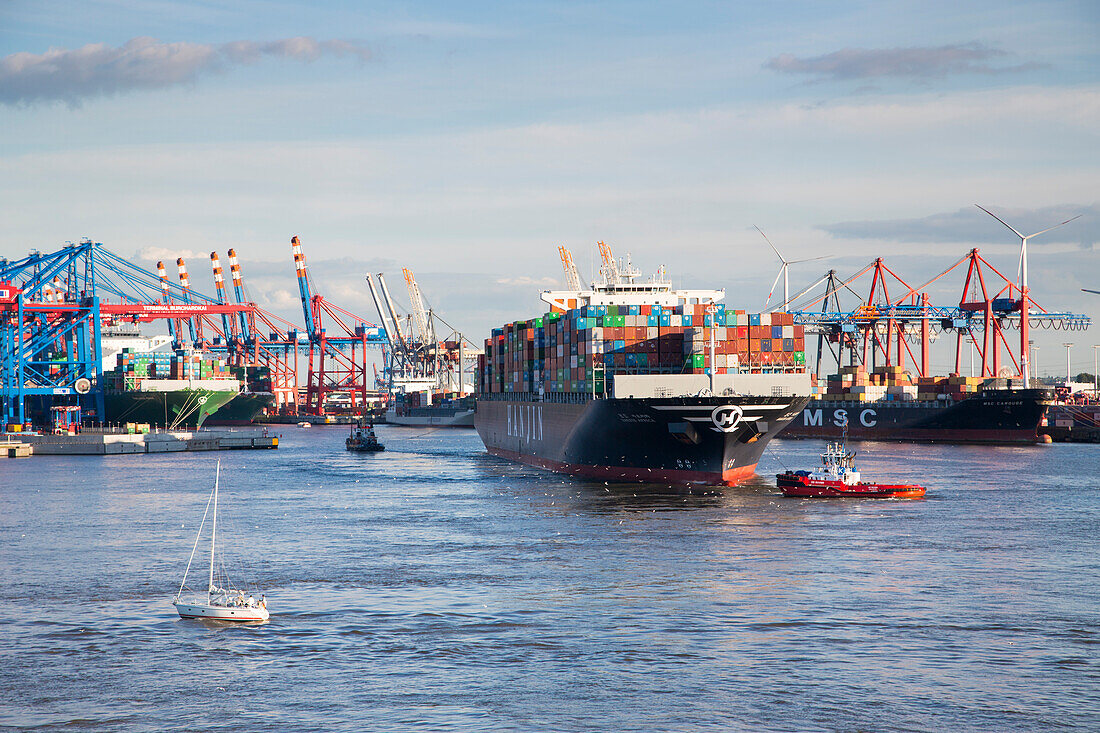 Giant container ship Hanjin Africa docking into Terminal Burchardkai container port on the Elbe river, Hamburg, Hamburg, Germany