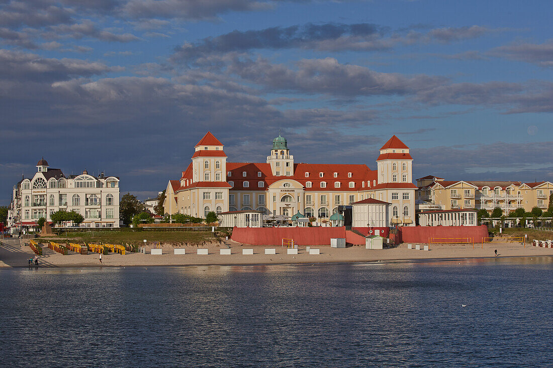 View from the pier towards the kurhaus, Binz Seaside Resort, Baltic Sea, Ruegen, Mecklenburg Vorpommern, Germany