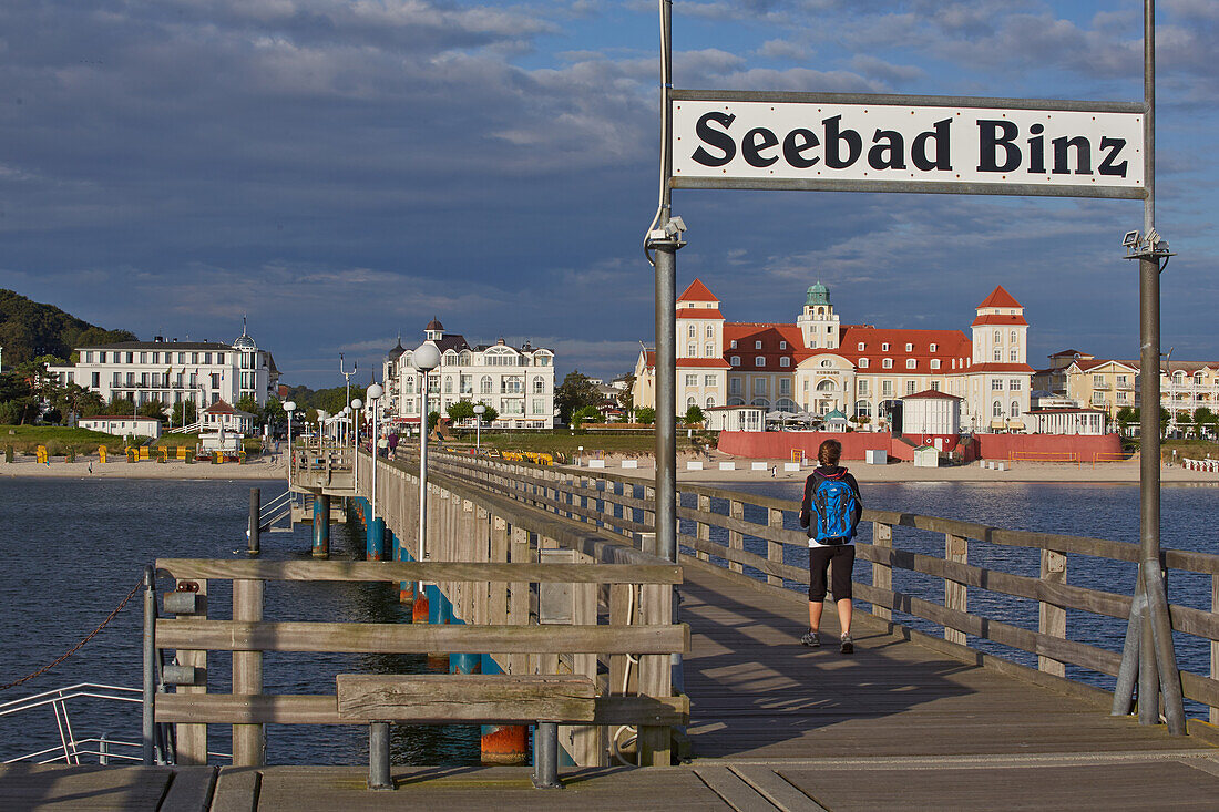 View from the pier towards the kurhaus, Binz Seaside Resort, Baltic Sea, Ruegen, Mecklenburg Vorpommern, Germany