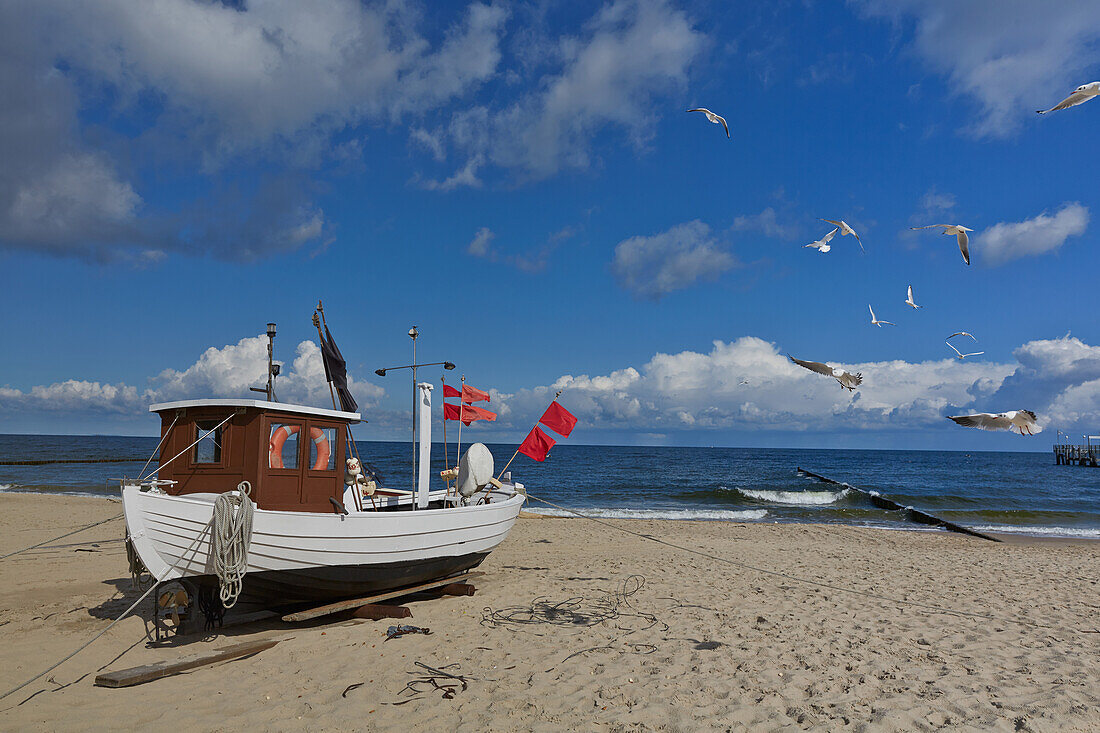 Fishing boat on the beach, Koserow, Usedom, Baltic Sea, Mecklenburg Vorpommern, Germany