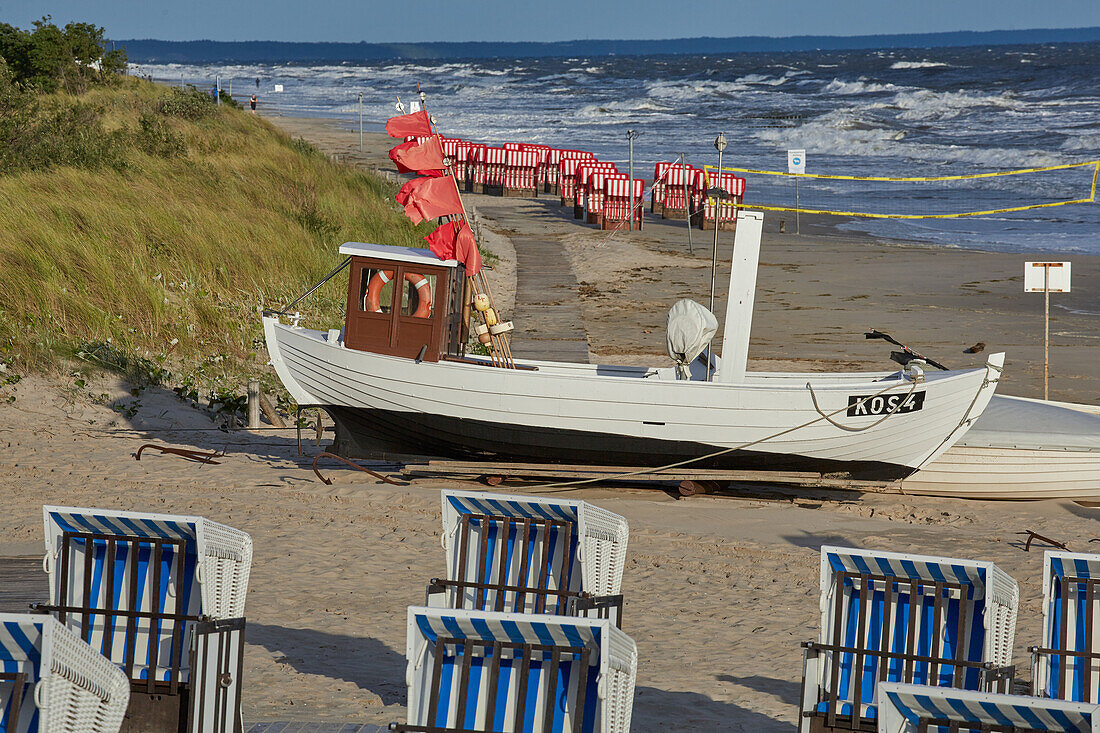 Fishing boat on the beach, Koserow, Usedom, Baltic Sea, Mecklenburg Vorpommern, Germany