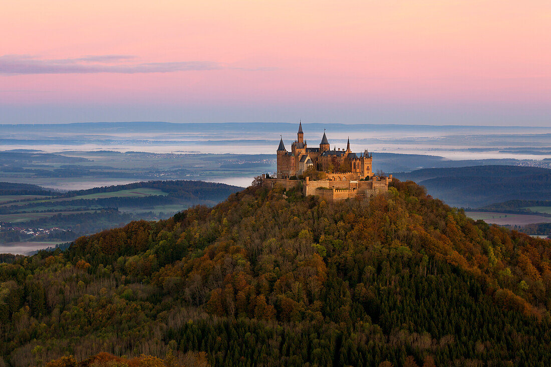 View to Hohenzollern castle, near Hechingen, Swabian Alb, Baden-Wuerttemberg, Germany
