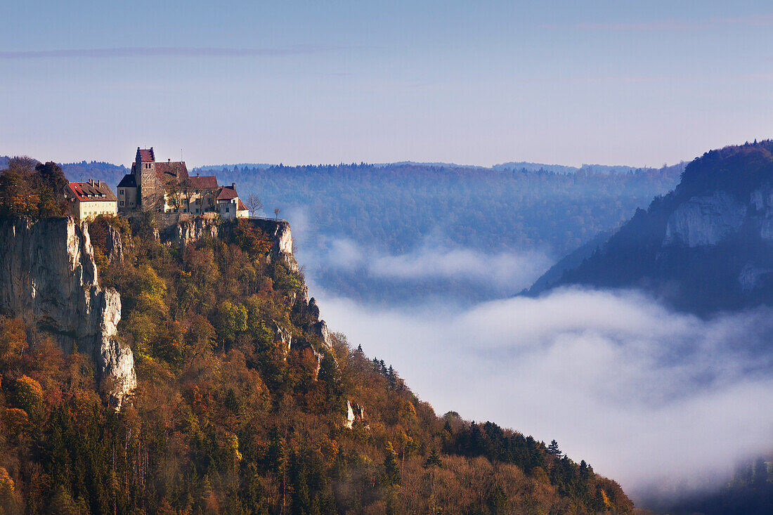 Mist in the valley of the Danube river, view to Werenwag castle, Upper Danube Nature Park, Baden-Wuerttemberg, Germany